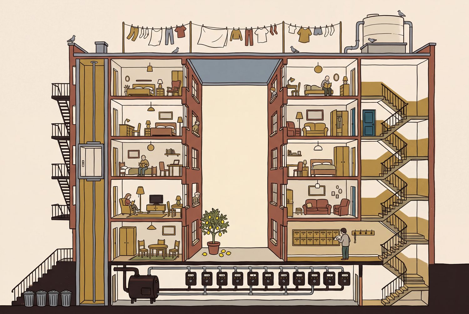 A cutaway drawing of Tocko: five floors of flats, the Hall at the bottom with its letterboxes and tapper board, the courtyard, and the boiler room under the ground line.
