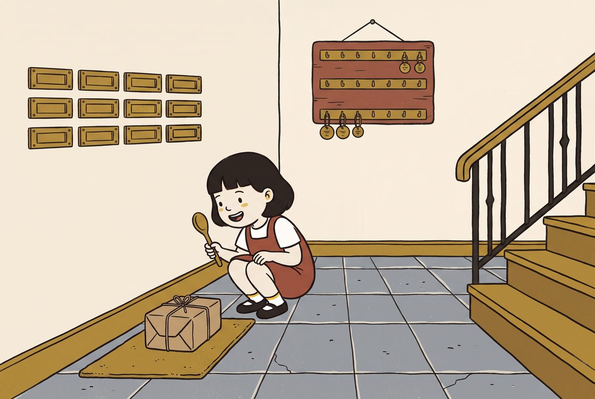 The Hall of Tocko: twelve brass letterboxes, the tapper board, and a brown paper parcel on the mat with Pim crouched beside it.