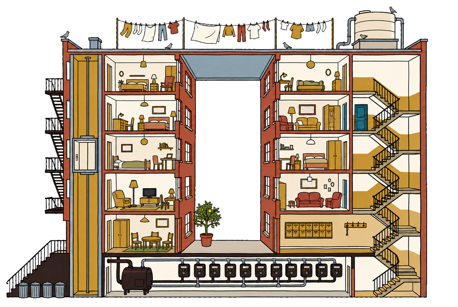 A cutaway of Tocko: the flats, stairs, courtyard, Hall and boiler underneath.