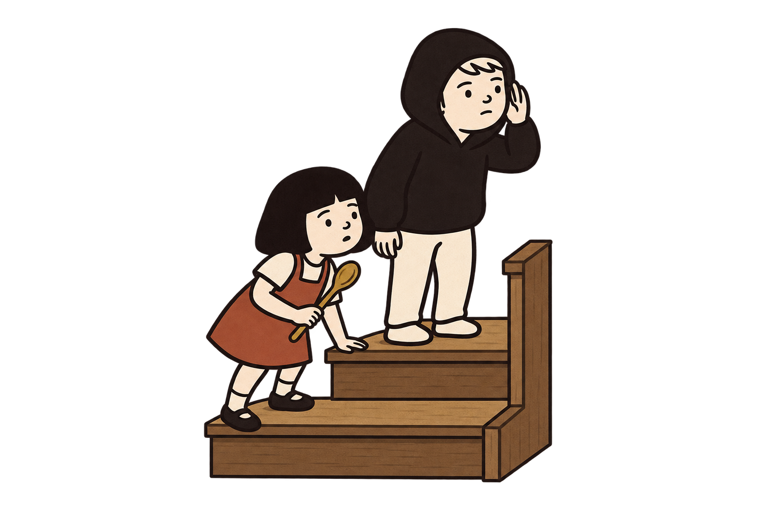 Pim and Hod listening together on the stairs.