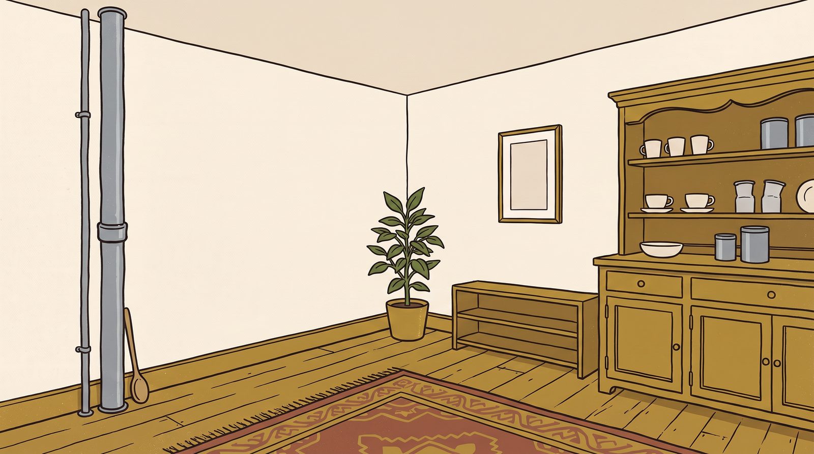 Pim's flat: plastered walls, a worn floor, a dresser, and the cold iron pipe running floor to ceiling in the corner with a wooden spoon leaning beside it.