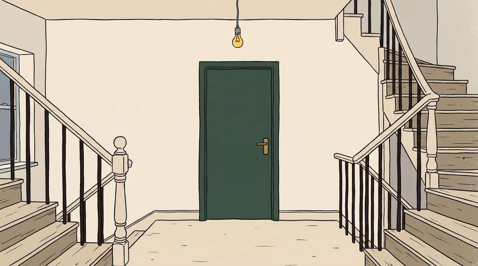 The green door, shut, on a half-landing high up inside the stairwell.