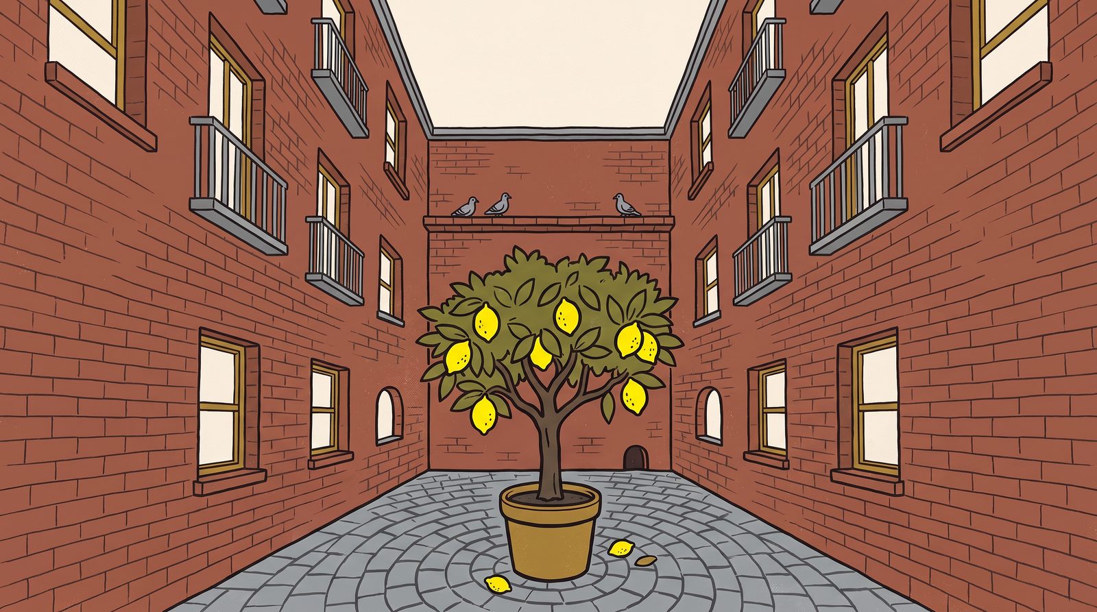 The courtyard at the middle of Tocko, brick walls and rows of windows rising on every side to a square of open sky, with one lemon tree in a pot on the cobbles.