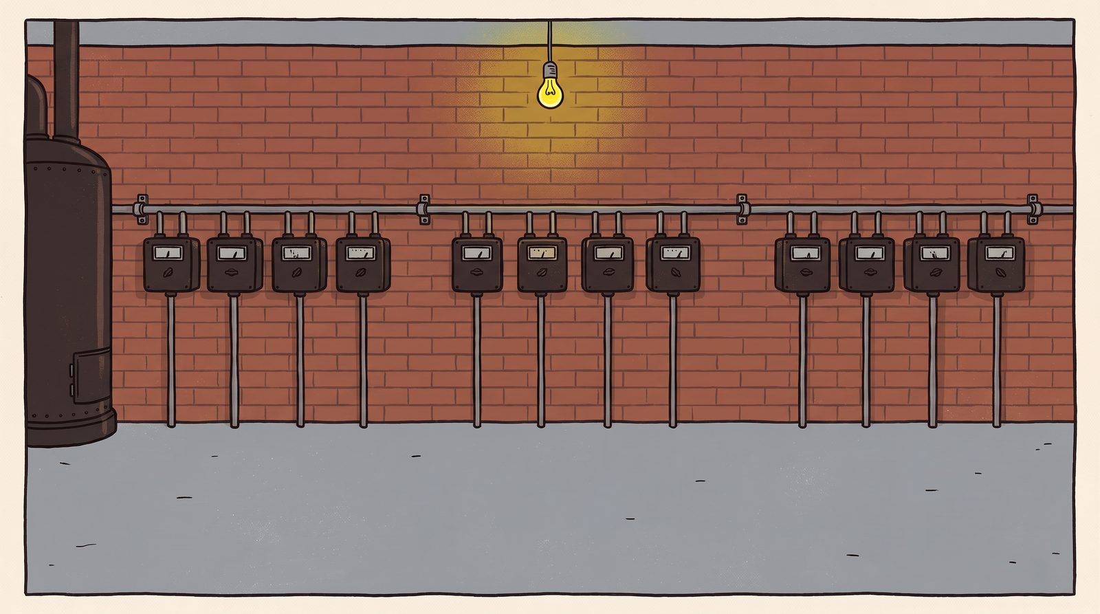 The meter wall in the Under: twelve small cast-iron meters in one row along the brick, a bare bulb above them and the boiler at the end.