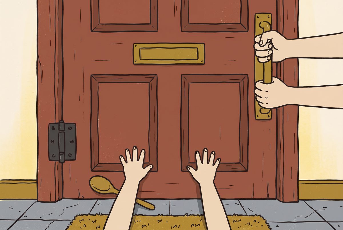 Four hands on the shut front door of Tocko: two small ones flat on the wood, pushing, and two adult ones on the handle above, lifting.