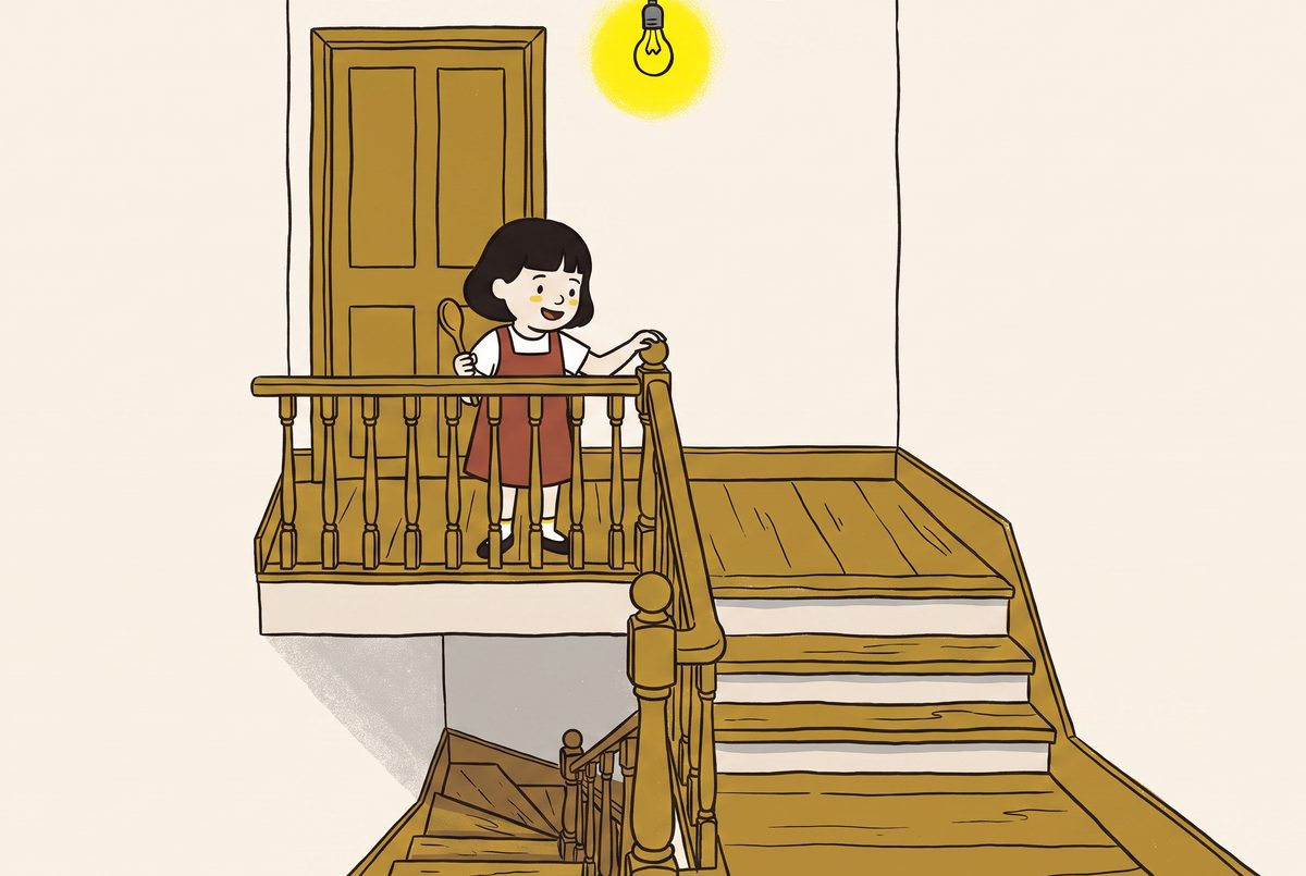 Pim on the top landing with a hand on the bannister, head turned down the empty stairwell, listening for feet that are not in the picture.