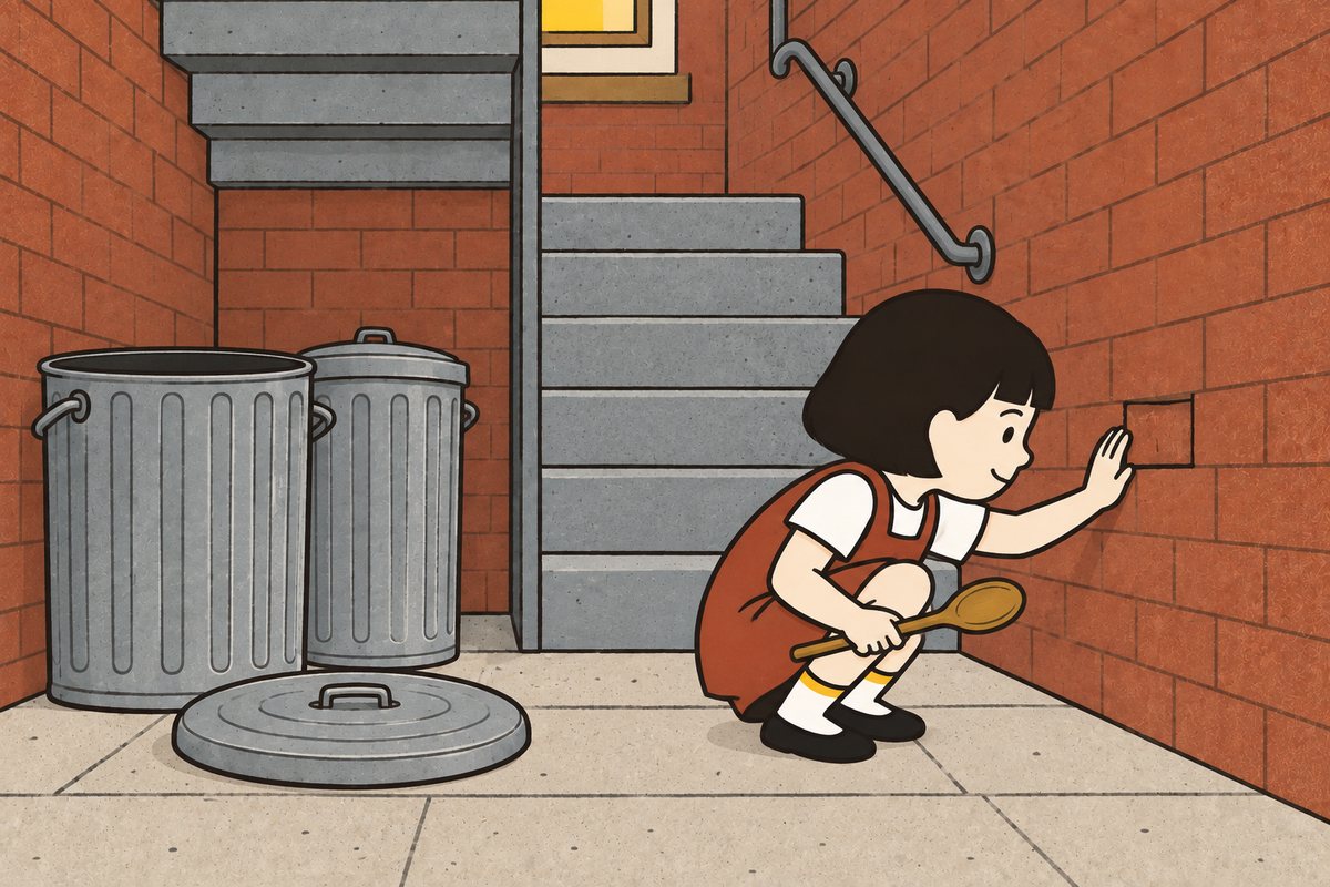 Pim feels the loose brick in the Back Steps wall, with her spoon in her other hand.