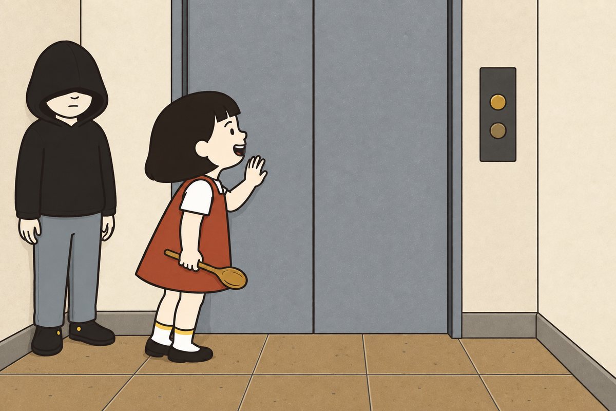 Pim gets her words ready beside the lift doors while Hod listens still.