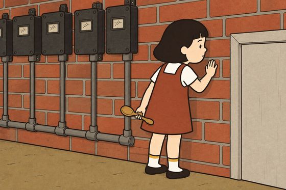 Pim pauses with one hand on the Under’s brick wall, listening before her next step.