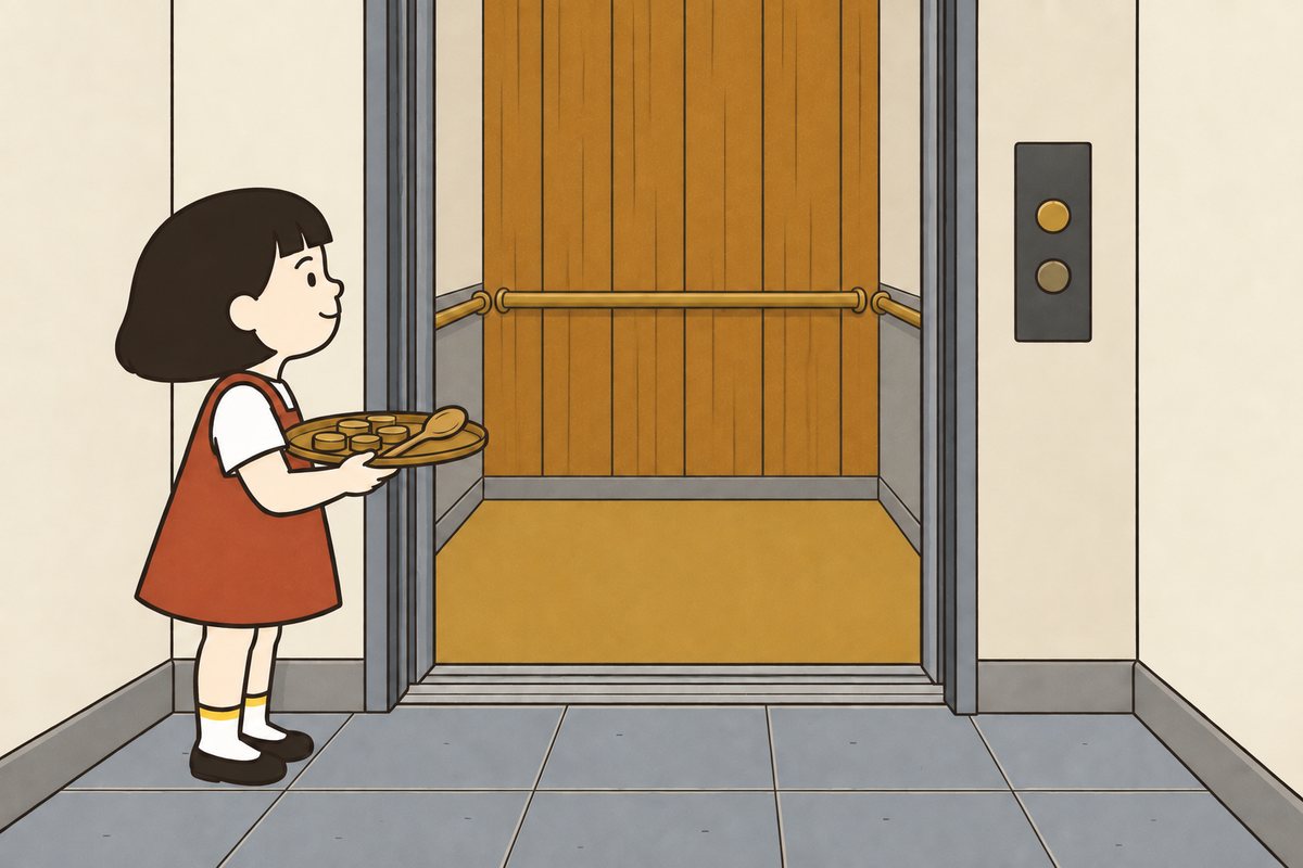 Pim waits outside the open lift, holding a tray of brass tappers level in both hands.