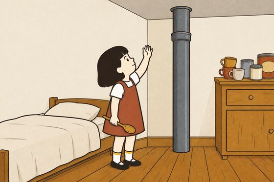 Pim looks up and listens to the ceiling beside her bed and the cold pipe.