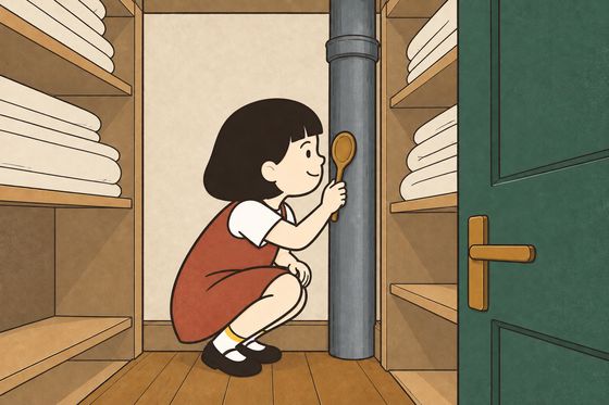 Pim holds her wooden spoon against the pipe inside the linen cupboard.