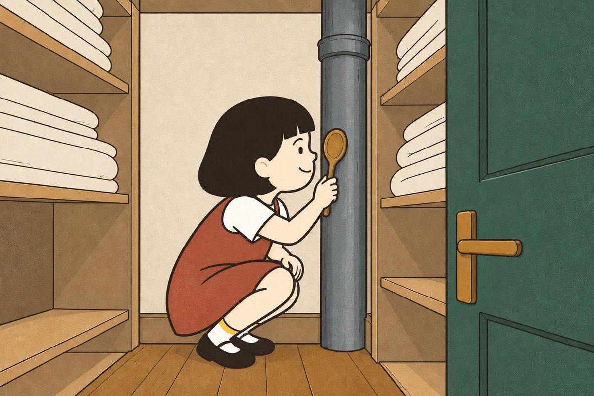 Pim holds her wooden spoon against the pipe inside the linen cupboard.