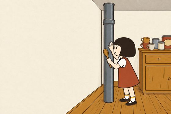 Pim draws her wooden spoon along the cold pipe in Number Three and listens.