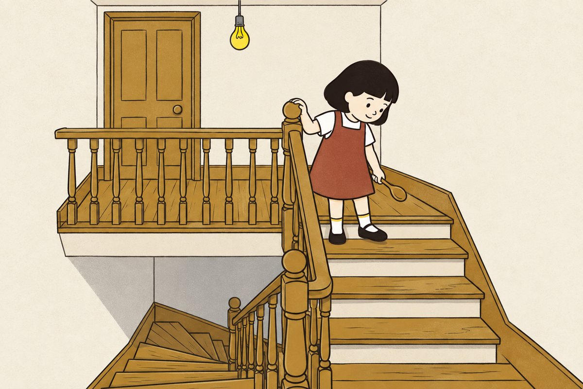 Pim stands quietly on a wooden stair, one hand on the bannister and her spoon in the other.
