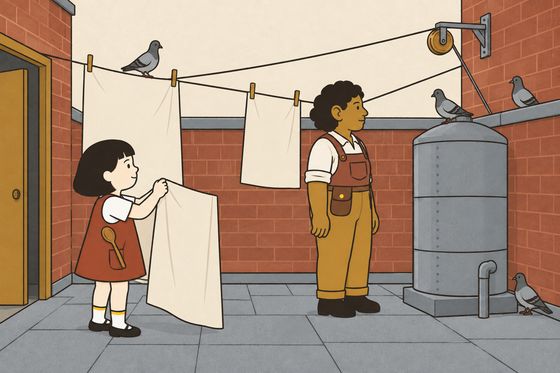 Mum studies the roof tank while Pim waits by the door holding a sheet.
