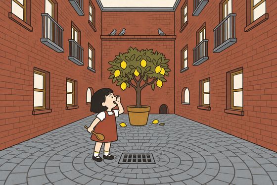 Pim stands in the Middle beside its single potted lemon tree, face tilted toward the ordinary windows around the courtyard, calling upward with one open hand near her mouth and her spoon in the other.
