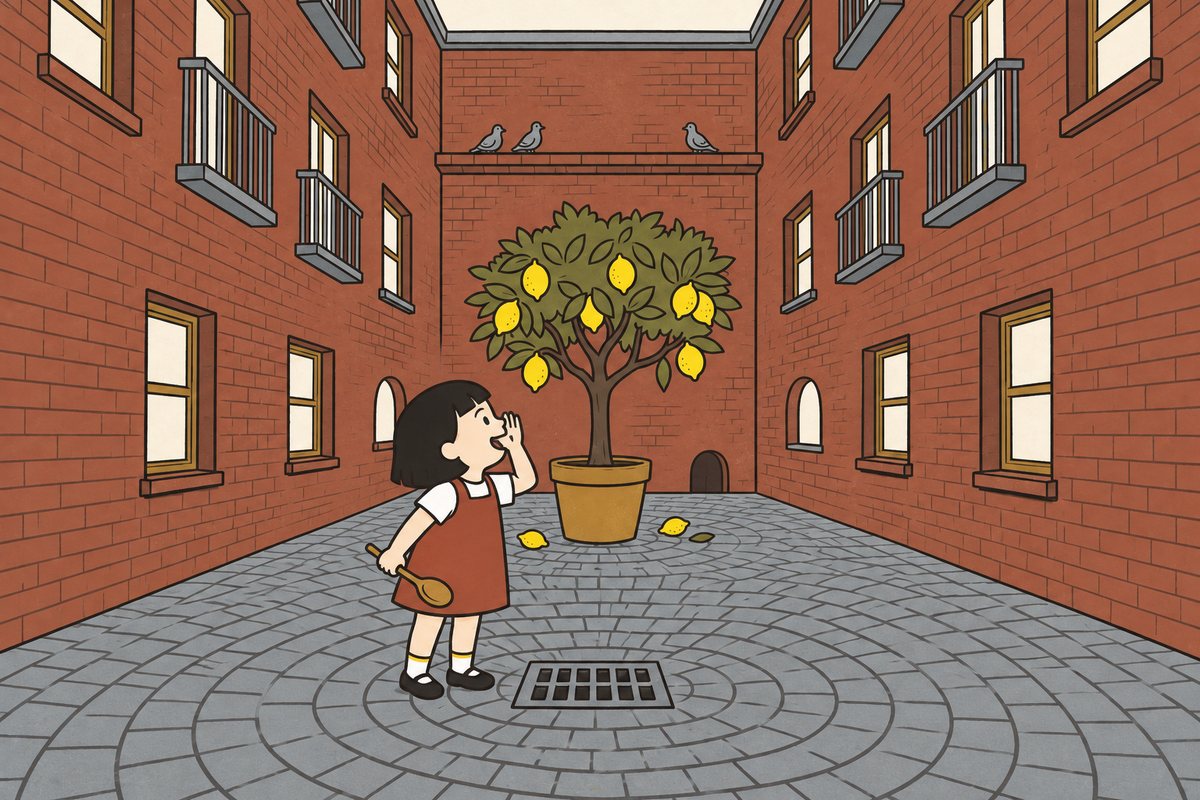 Pim stands in the Middle beside its single potted lemon tree, face tilted toward the ordinary windows around the courtyard, calling upward with one open hand near her mouth and her spoon in the other.