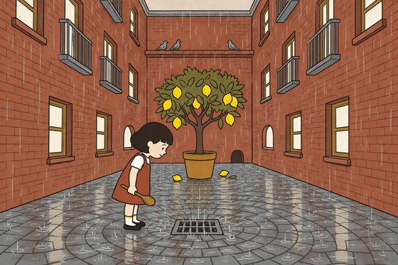 Pim stands beside the courtyard grate, listening to rain against the cobbles.