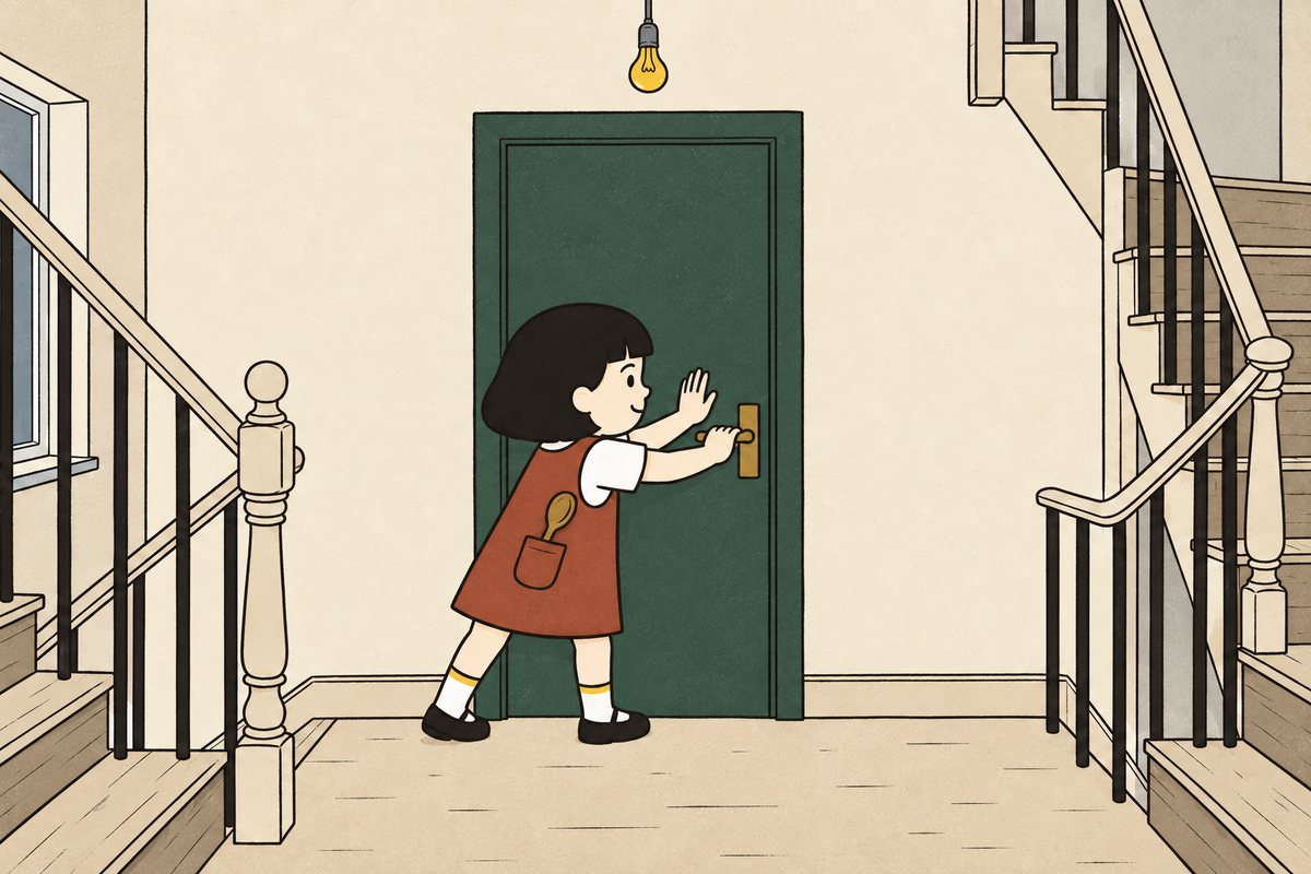 Pim prepares to push and lift the green door with both hands at once.