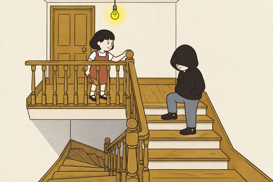 Pim listens on the familiar stairs while Hod stands with his hands in his pockets.