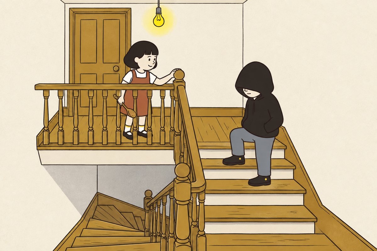 Pim listens on the familiar stairs while Hod stands with his hands in his pockets.