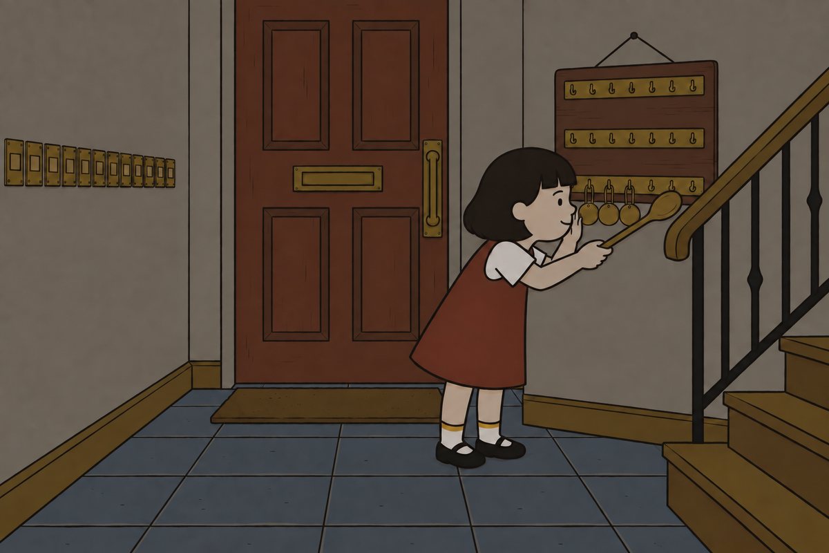 Pim listens in the dim Hall with her wooden spoon beside the brass hooks.