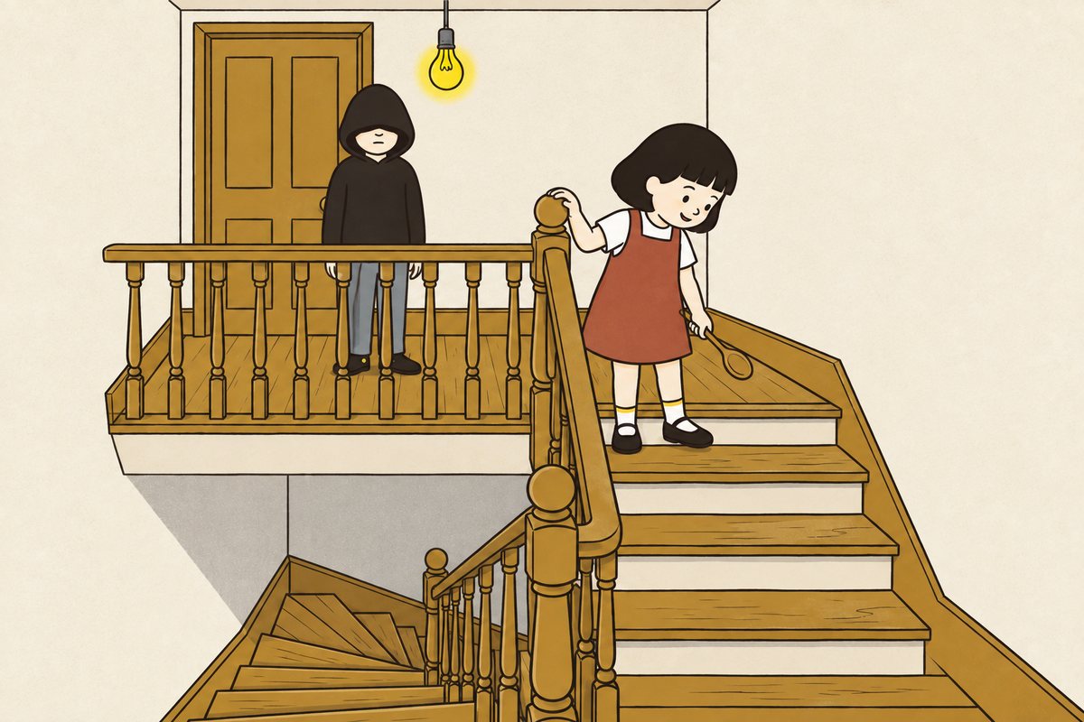 On the landing between flights, Pim rests just one hand on the familiar loose wooden bannister while holding her spoon down with the other.