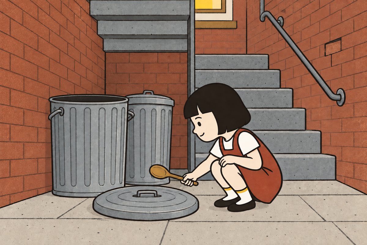 Pim crouches safely beside the familiar galvanized bin on the brick Back Steps, spoon poised near the separate round metal lid resting on the paving.