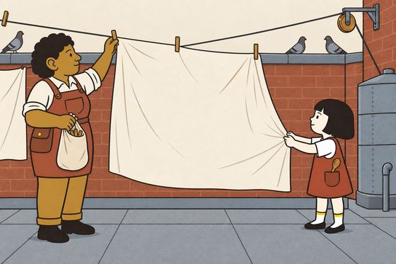 Mum takes pegs from the roof line while Pim holds the big sheet steady.