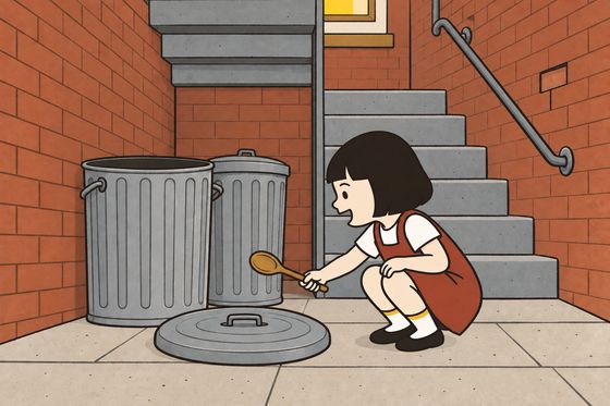 Beside the same zinc bin and round lid at the Back Steps, Pim holds the wooden spoon just above the lid and opens her mouth to call the sound before she taps.