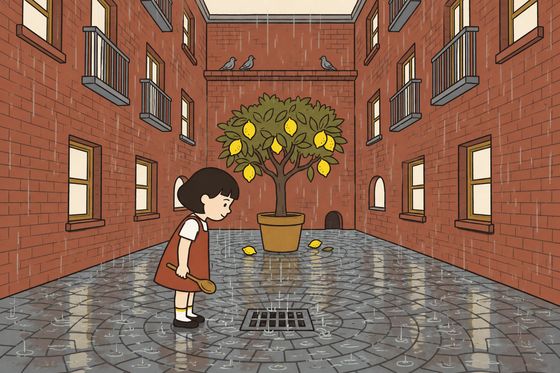 In the Middle courtyard, Pim stands still beside the single iron grate set into the wet cobbles, listening to ordinary falling rain.