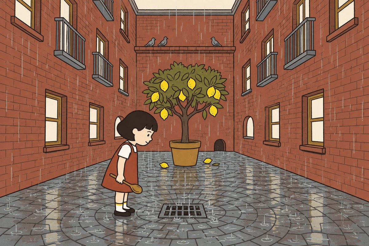 In the Middle courtyard, Pim stands still beside the single iron grate set into the wet cobbles, listening to ordinary falling rain.