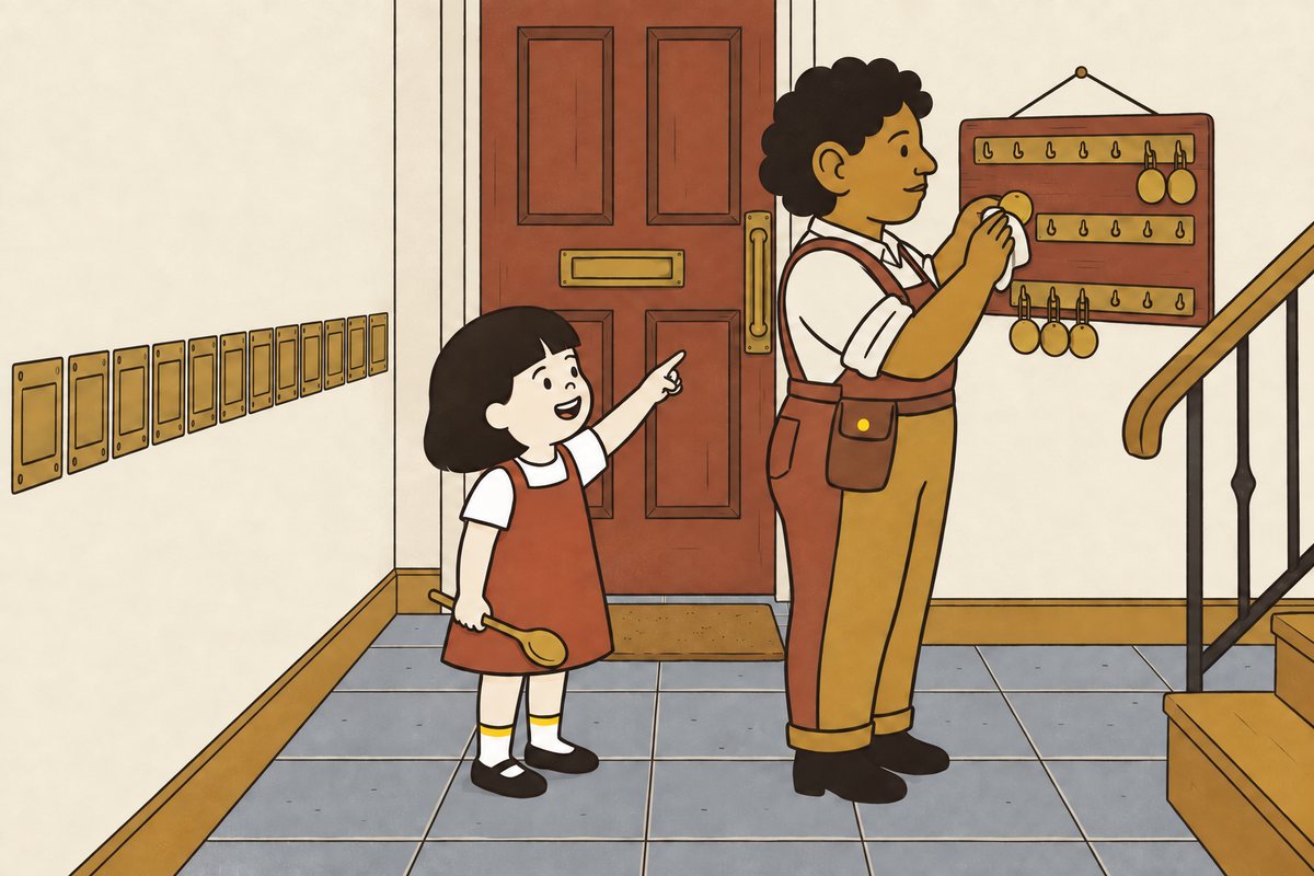 Mum polishes one brass tapper while Pim points to its hook on the Hall board.