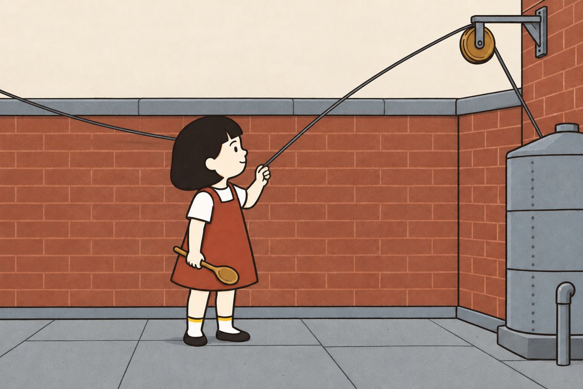 Pim stands safely on the enclosed Drying Roof holding the accessible washing line, wooden spoon in her other hand, and listens toward the fixed pulley beside the zinc tank.