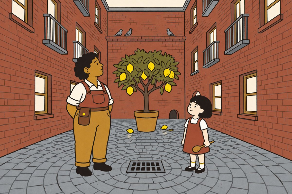 Mum and Pim listen to the courtyard’s echoes beside the lemon tree and grate.
