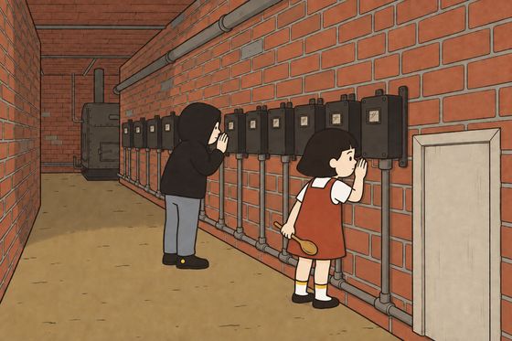 Pim and Hod listen beside the Under’s row of black utility meters.
