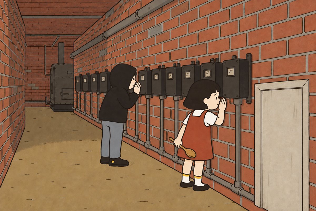 Pim and Hod listen beside the Under’s row of black utility meters.