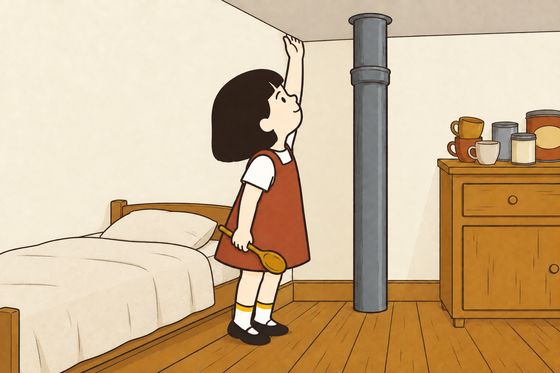 Inside Number Three, Pim stands on the floor beside her low bed, arm reaching upward as she listens to the ceiling, wooden spoon in the other hand.