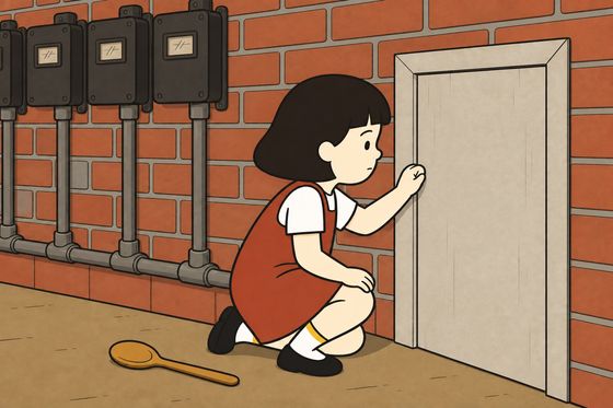 Pim kneels close to the painted door and listens to her knuckle tap, her spoon on the floor.