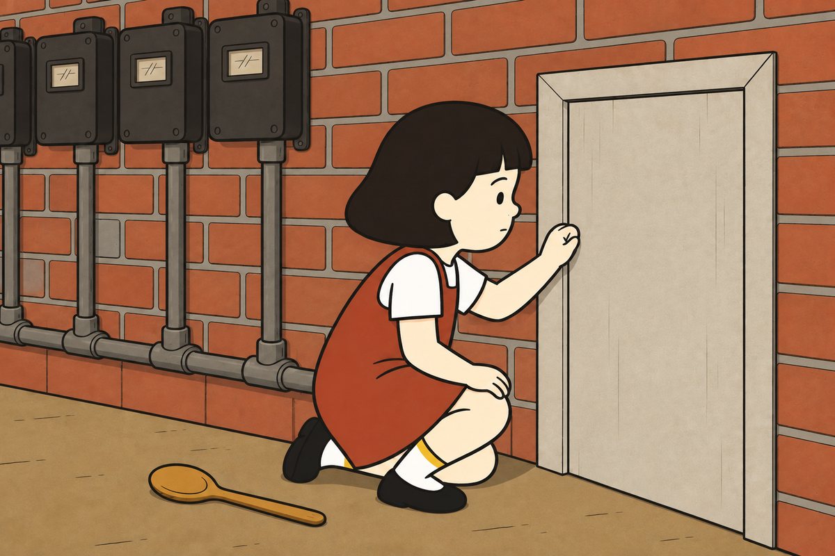 Pim kneels close to the painted door and listens to her knuckle tap, her spoon on the floor.