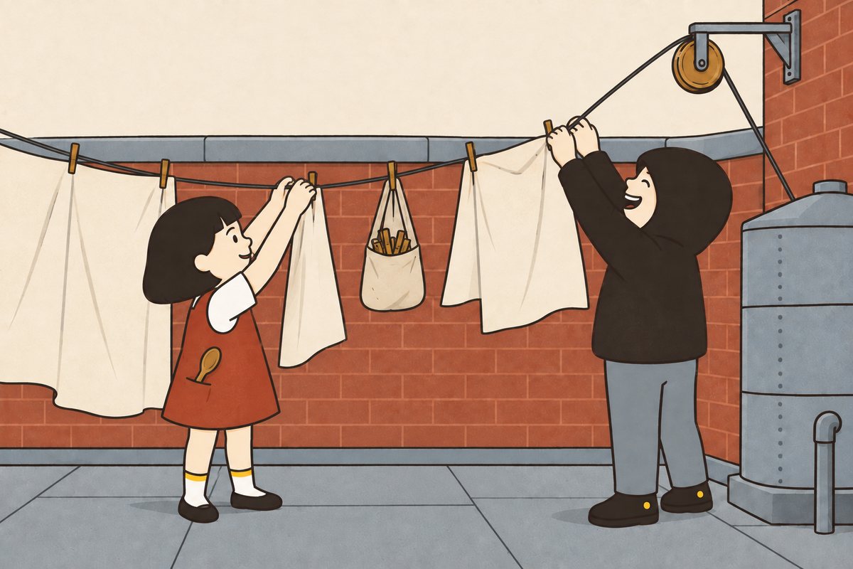 Pim and Hod take in linen a little at a time on the roof, beside the hanging bag of pegs.