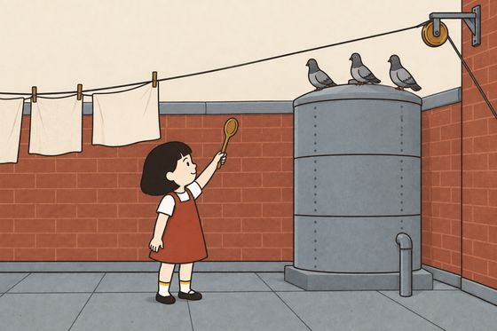 Pim raises her spoon and waits beneath the pigeons perched on the roof tank.