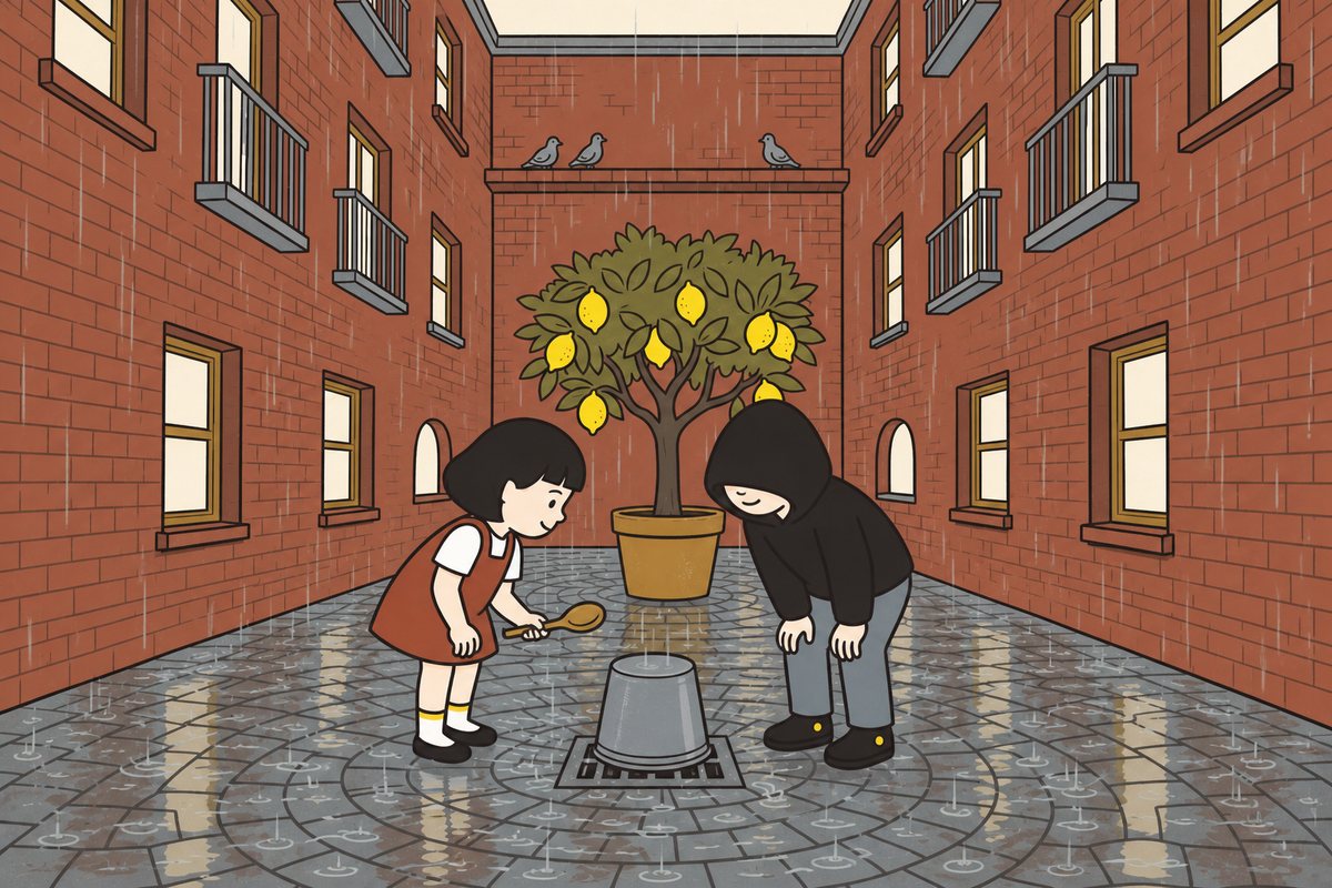 Pim and Hod listen beside an upside-down bucket on the courtyard grate.