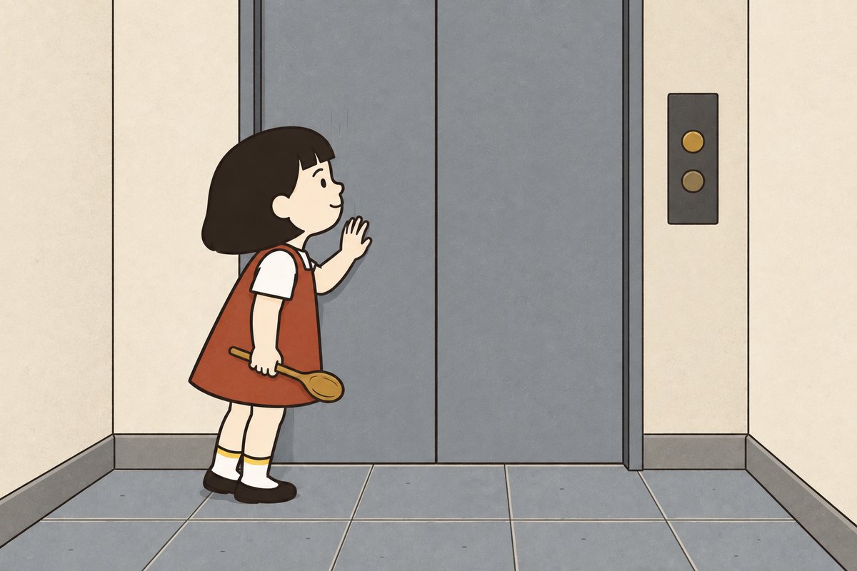 Pim listens with her hand against the closed lift doors in the Hall.