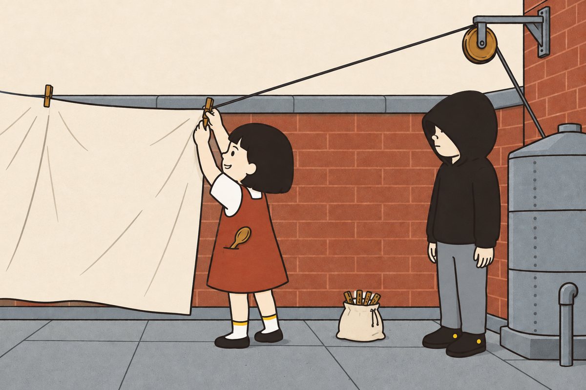 Pim pegs the big sheet to the roof line while Hod stands still beside the tank.