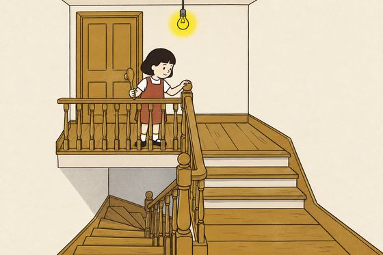 Pim stands on the wooden landing facing the returning flight of stairs, listening to the difference between going up and coming down.
