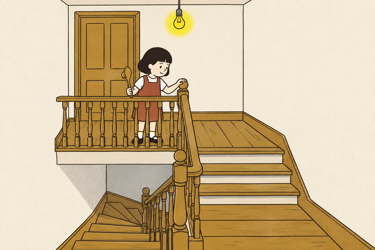 Pim stands on the wooden landing facing the returning flight of stairs, listening to the difference between going up and coming down.