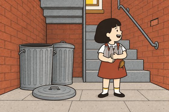 Pim stands safely on the paving beside the bottom Back Steps, holding exactly four empty small plain glass milk bottles snugly against her front with both arms.