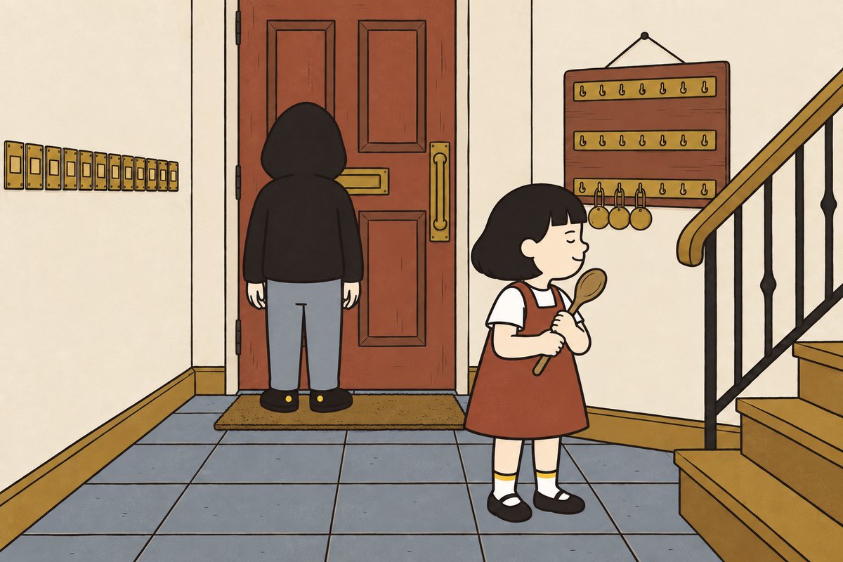 Pim closes her eyes to listen to the Hall tiles while Hod waits at the front door.